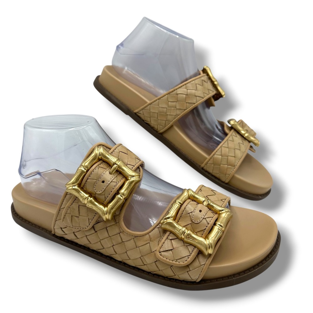 Schutz Atanado Tan Woven Leather Bamboo Buckle Slide Sandals Molded Bed 11B - Picture 4 of 11